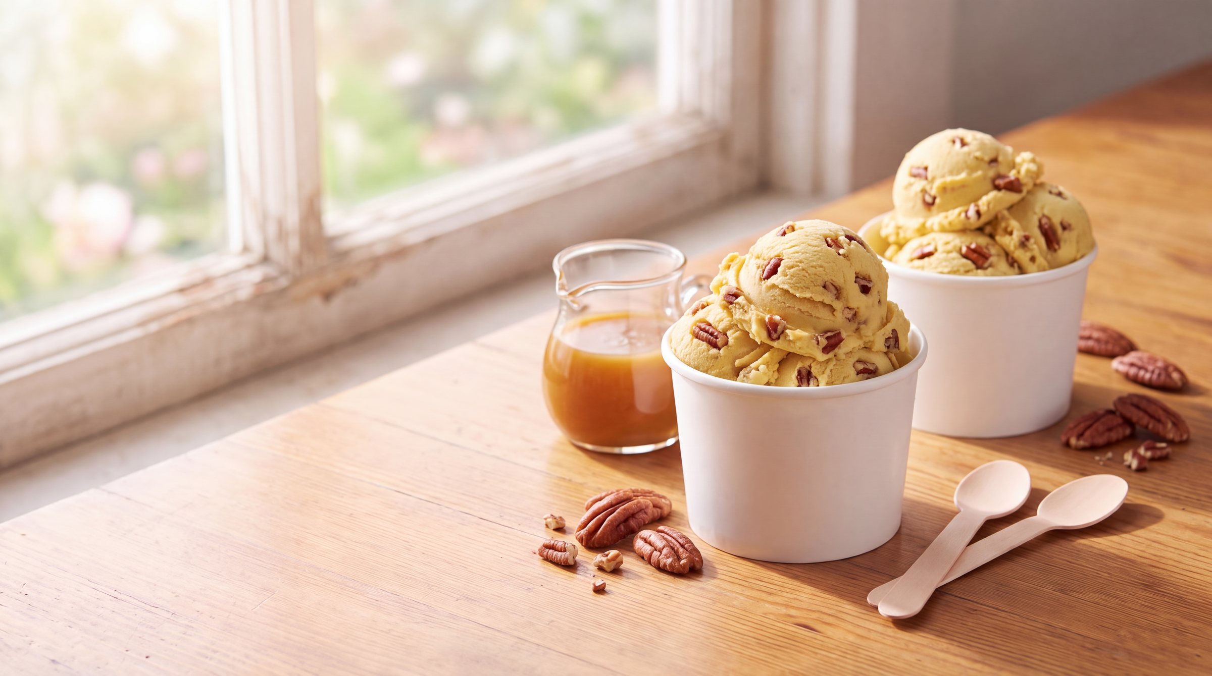 Two white paper cups heaped with golden butter frozen custard with toasted pecans on a sunny wooden table, with toasted pecans and a little jug of caramel