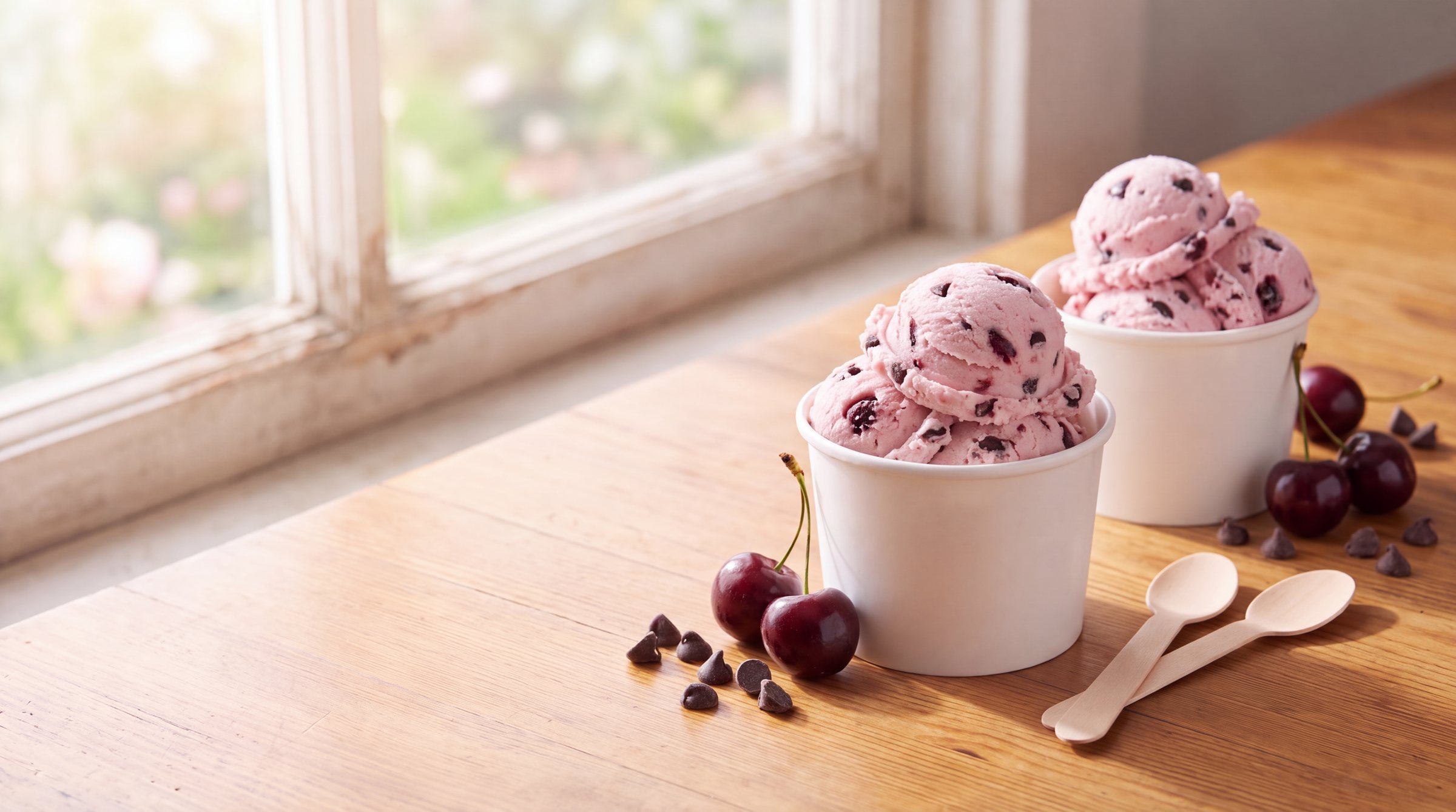 Two white paper cups heaped with pink cherry frozen custard with cherries and chocolate chips on a sunny wooden table, with dark sweet cherries and chocolate chips
