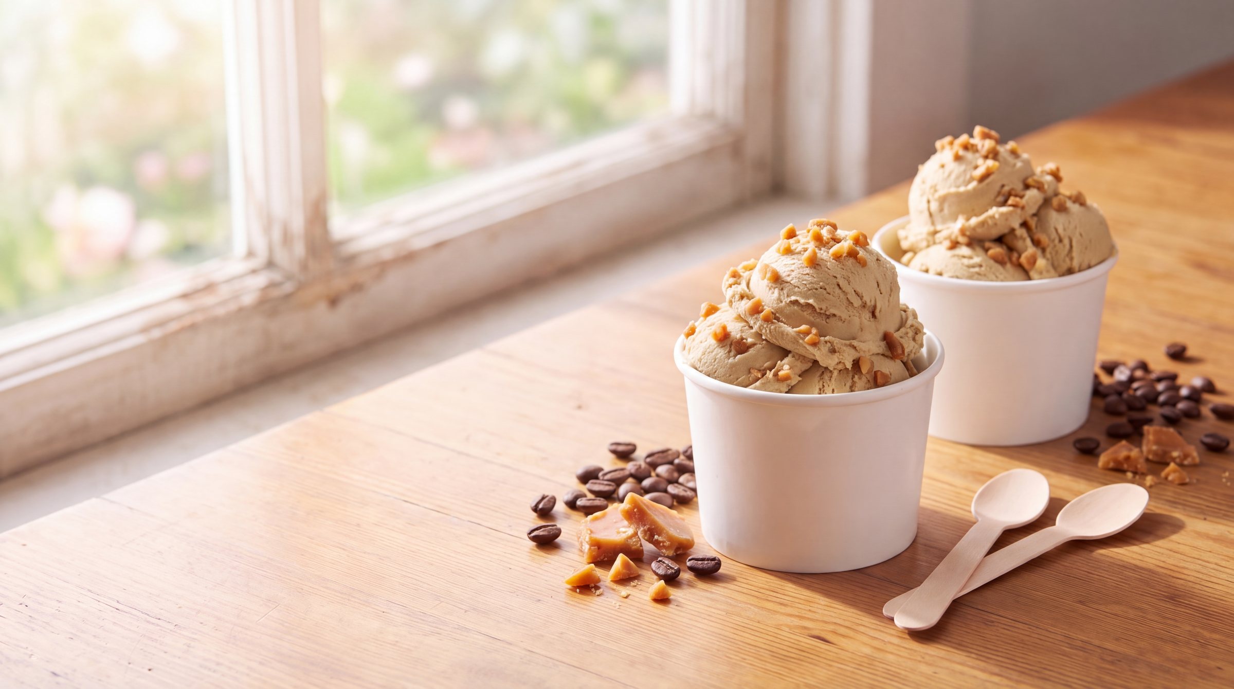 Two white paper cups heaped with coffee frozen custard with toffee bits on a sunny wooden table, with coffee beans and broken toffee