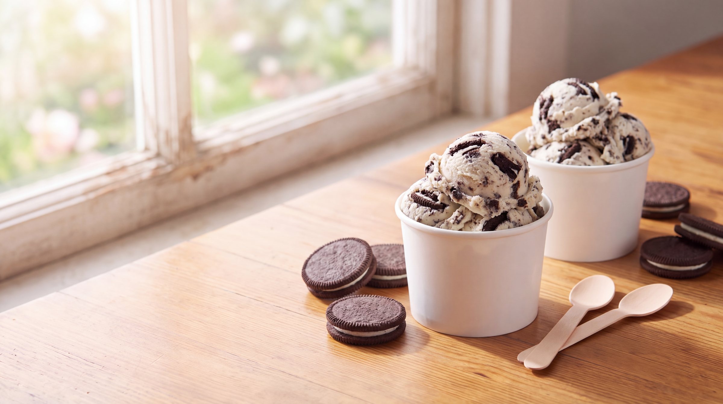 Two white paper cups heaped with sweet cream frozen custard packed with chocolate cookie on a sunny wooden table, with chocolate sandwich cookies