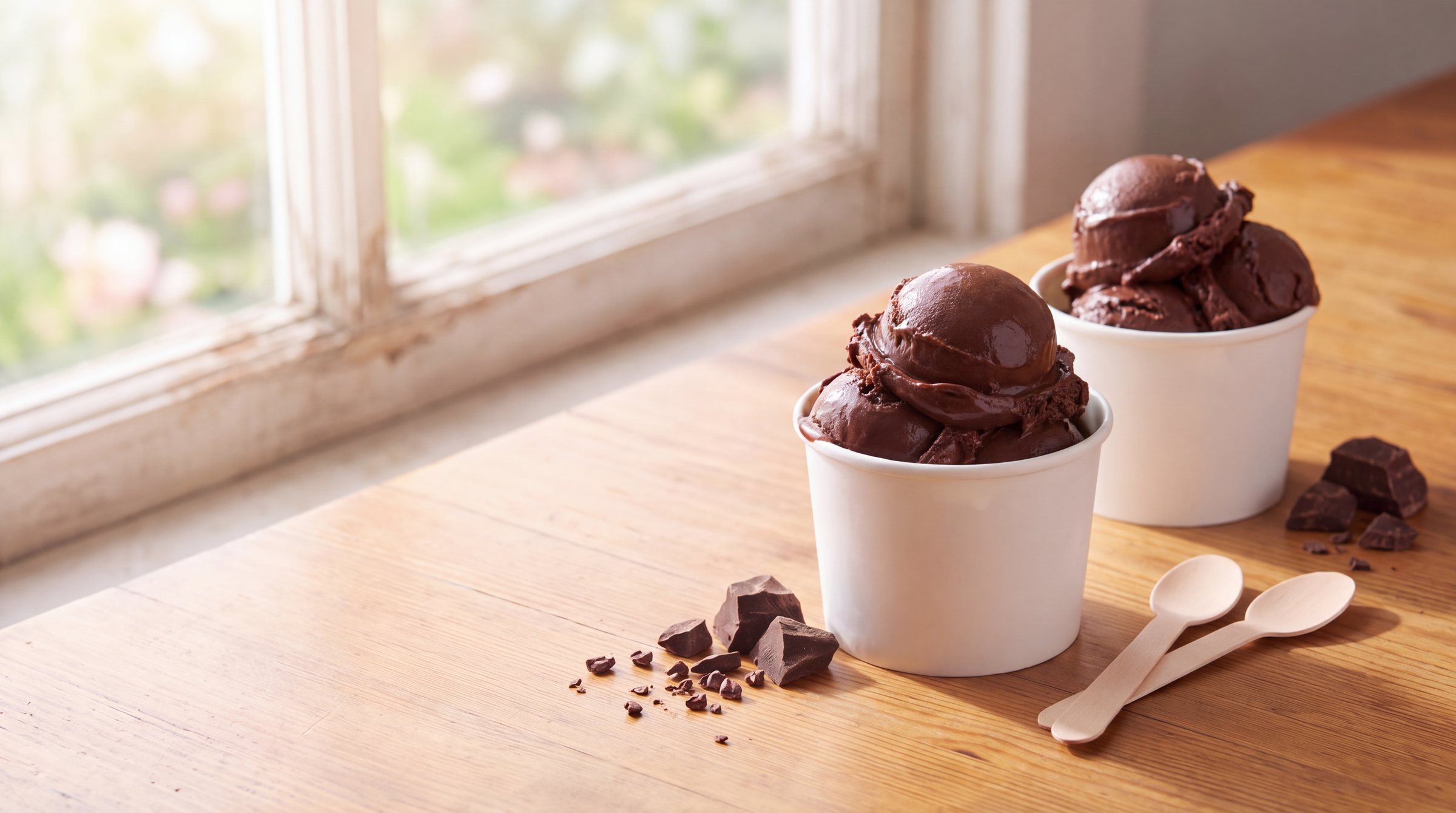 Two white paper cups heaped with dark chocolate frozen custard on a sunny wooden table, with broken dark chocolate and cocoa nibs