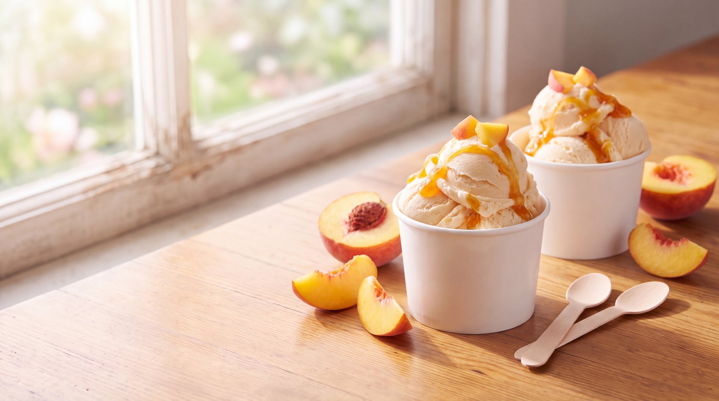 Two white paper cups heaped with pale peach frozen custard with ribbons of peach preserve on a sunny wooden table, with halved ripe peaches and peach slices