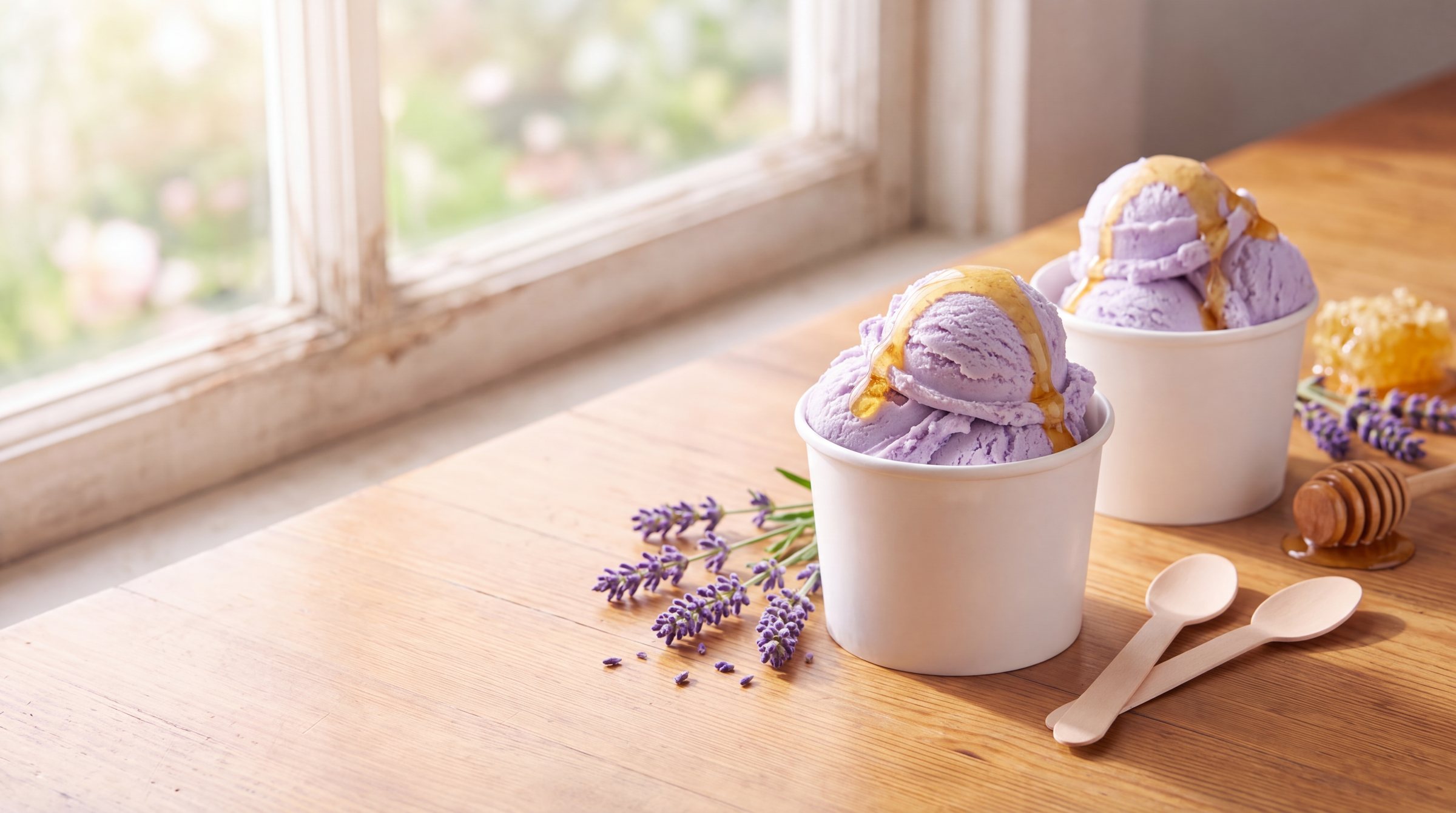 Two white paper cups heaped with pale lavender frozen custard with a ribbon of honey on a sunny wooden table, with lavender sprigs, a honey dipper and honeycomb