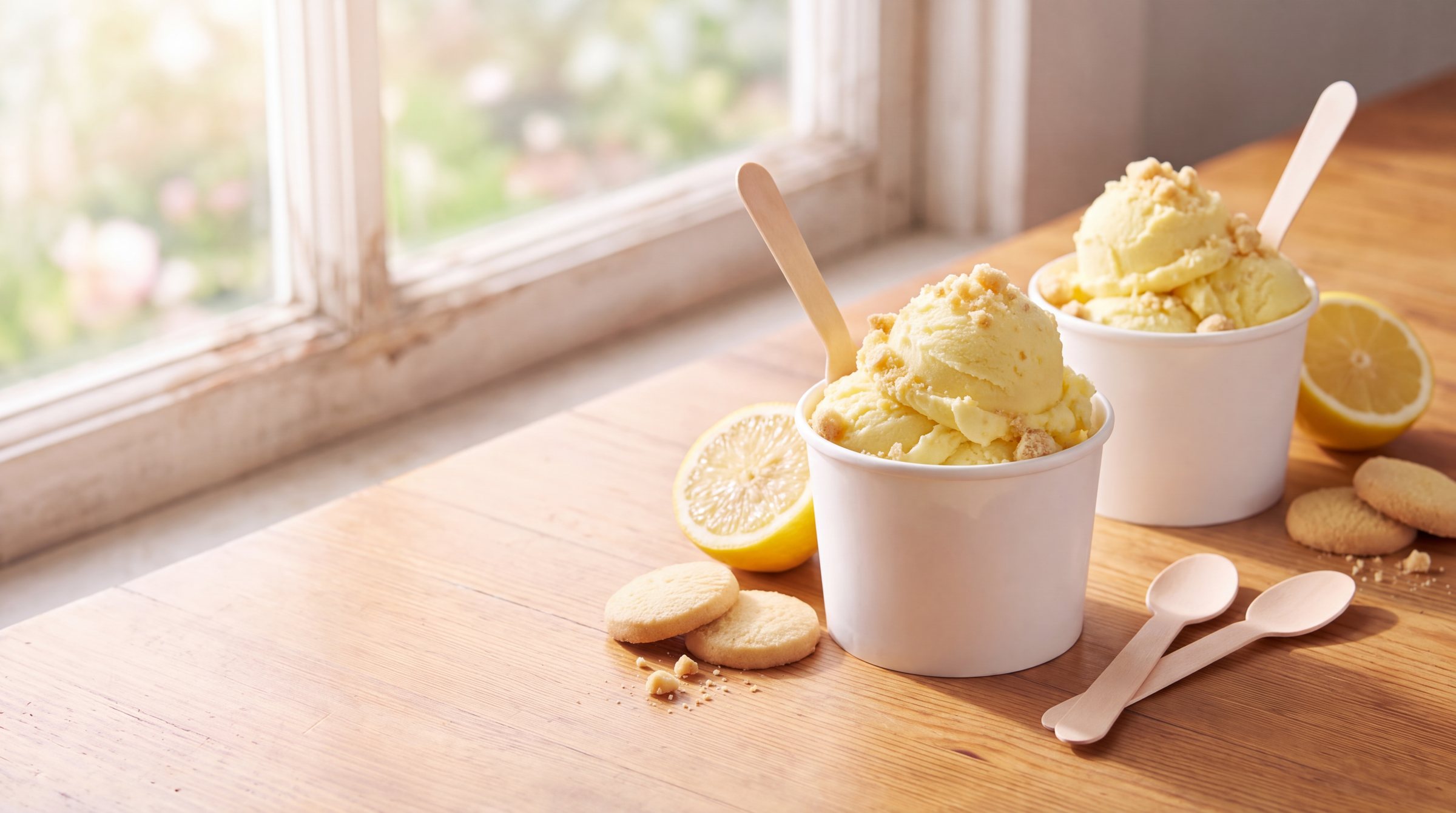 Two white paper cups heaped with pale yellow lemon frozen custard with crumbled shortbread on a sunny wooden table, with halved lemons and shortbread cookies