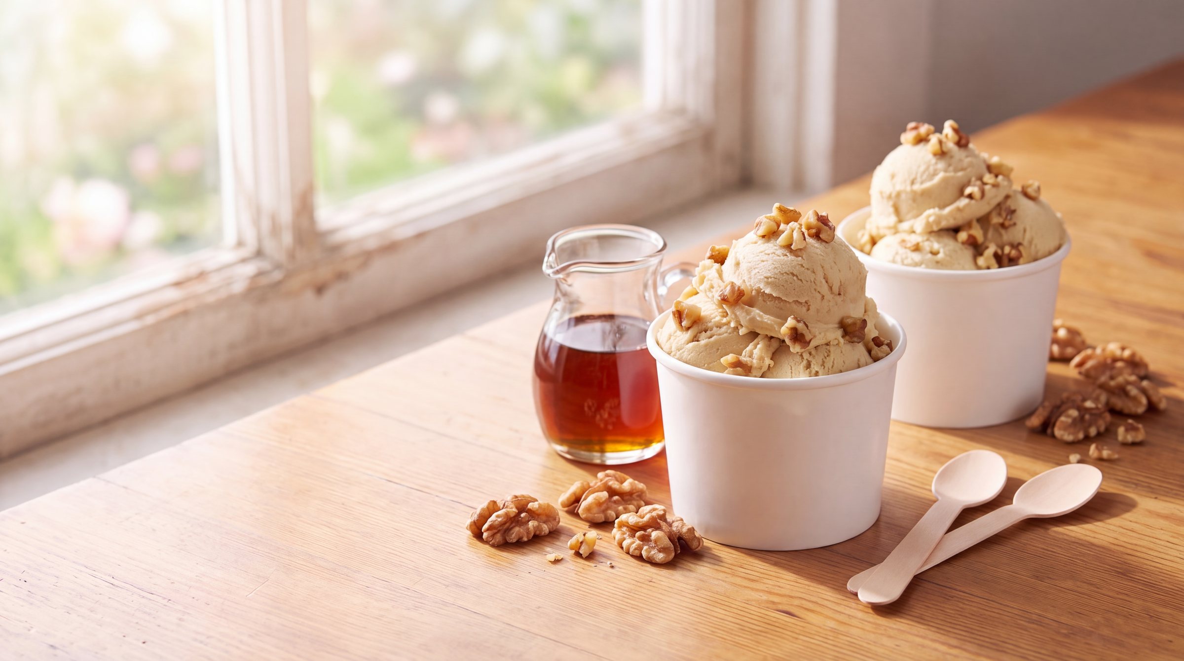 Two white paper cups heaped with maple frozen custard with toasted walnuts on a sunny wooden table, with walnut halves and a jug of maple syrup