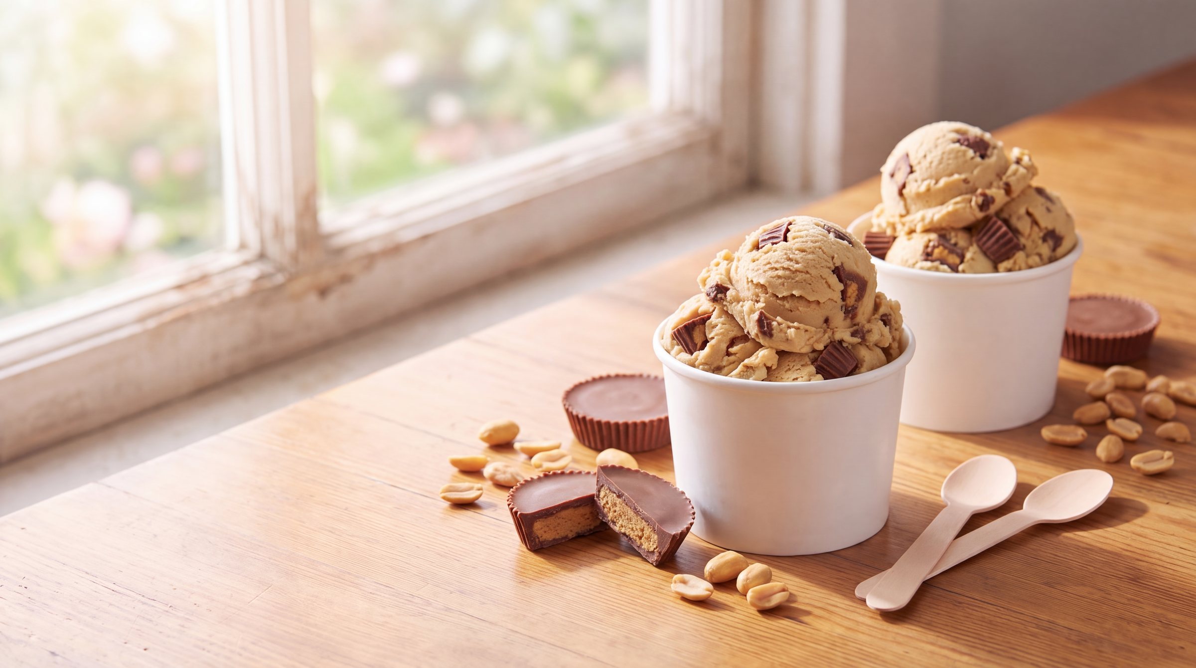Two white paper cups heaped with peanut butter frozen custard with chocolate peanut butter cups on a sunny wooden table, with peanut butter cups and roasted peanuts