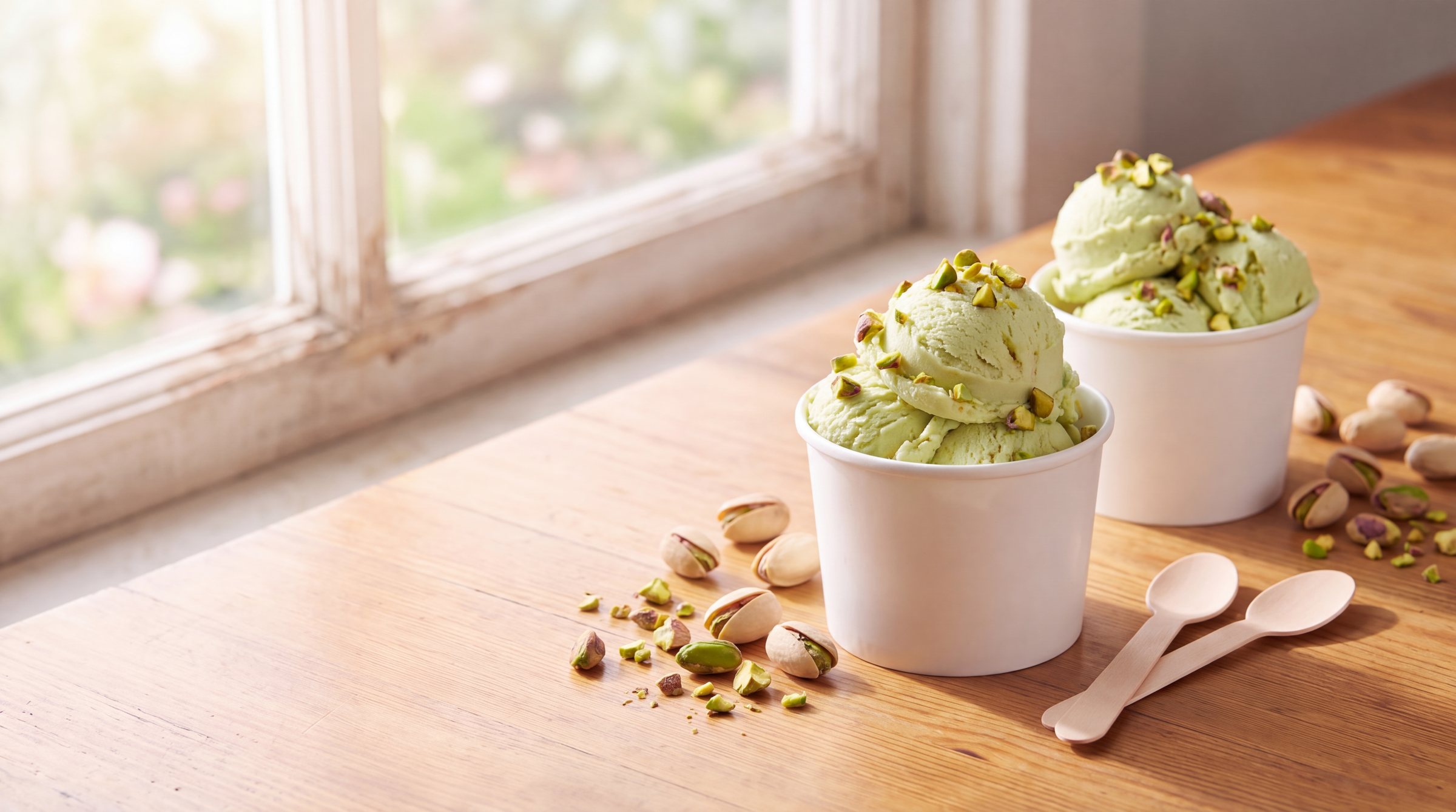 Two white paper cups heaped with pale green pistachio frozen custard with chopped pistachios on a sunny wooden table, with pistachios in and out of their shells