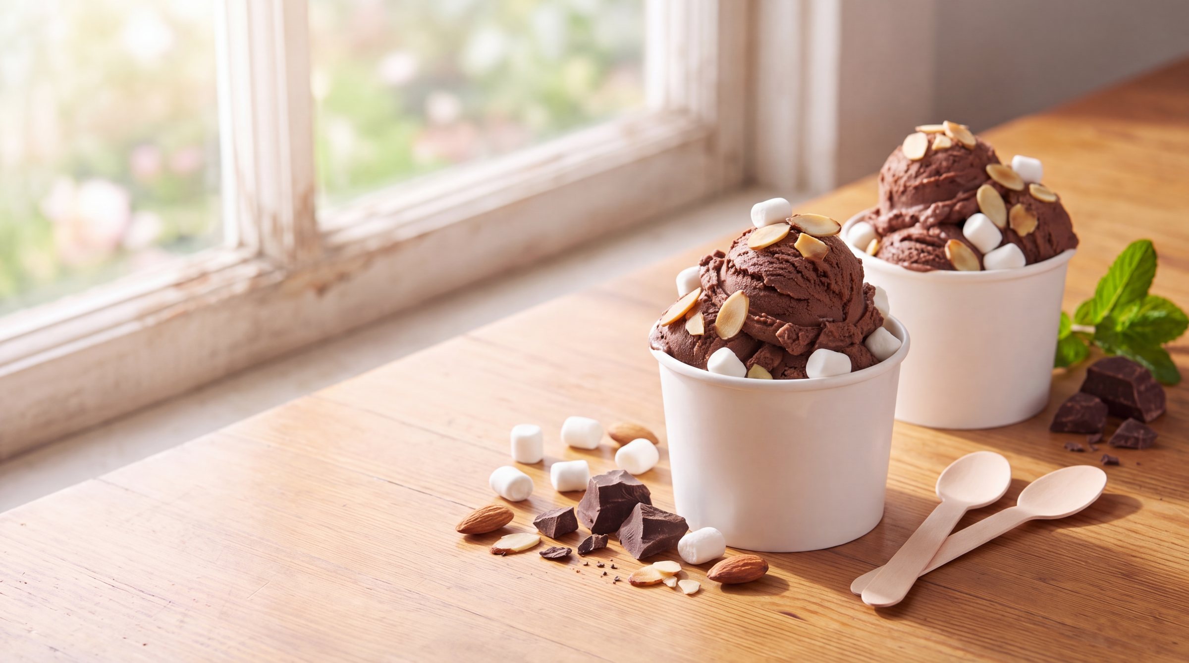 Two white paper cups heaped with dark chocolate frozen custard with marshmallows and almonds on a sunny wooden table, with mini marshmallows, toasted almonds and dark chocolate