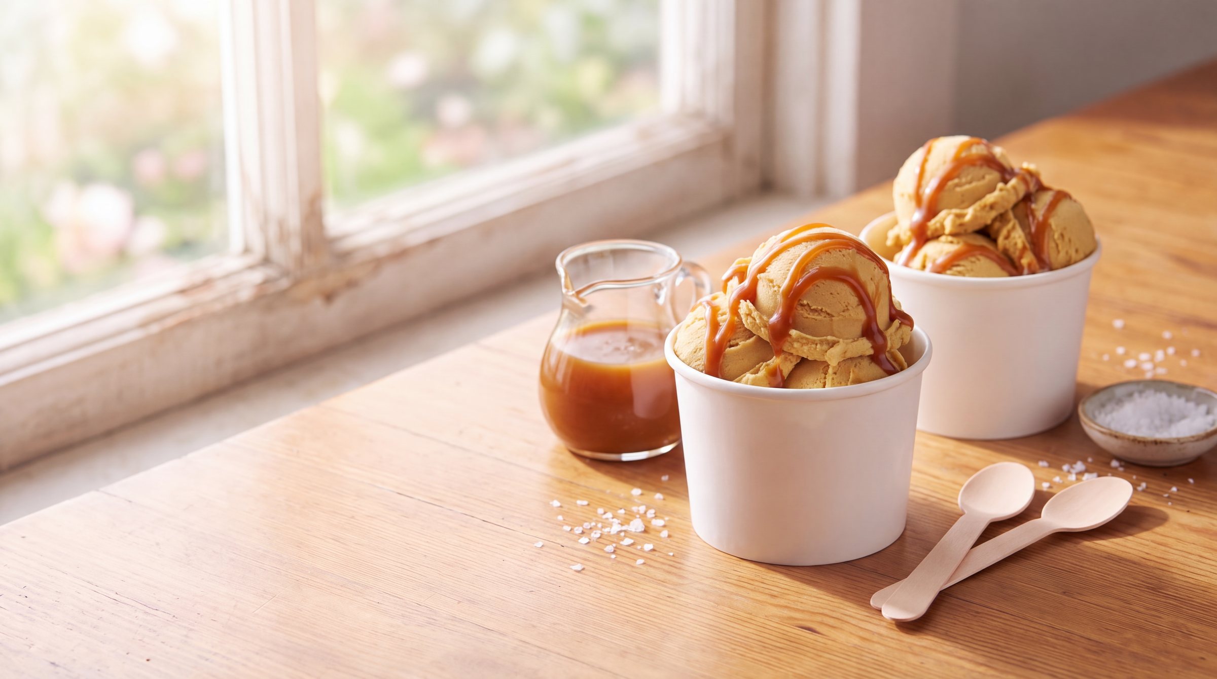 Two white paper cups heaped with amber caramel frozen custard with ribbons of caramel on a sunny wooden table, with a jug of caramel sauce and flaky sea salt