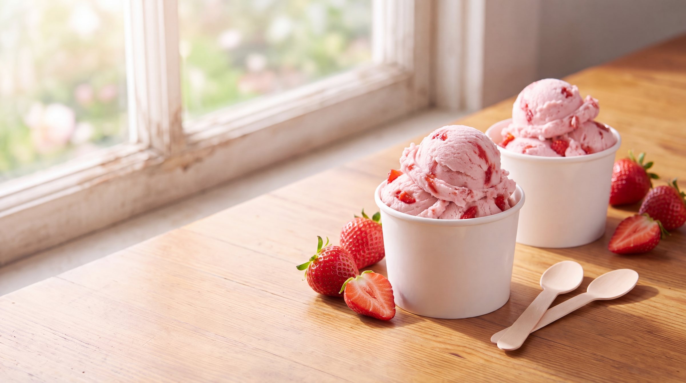 Two white paper cups heaped with pink strawberry frozen custard with pieces of strawberry on a sunny wooden table, with whole and halved strawberries