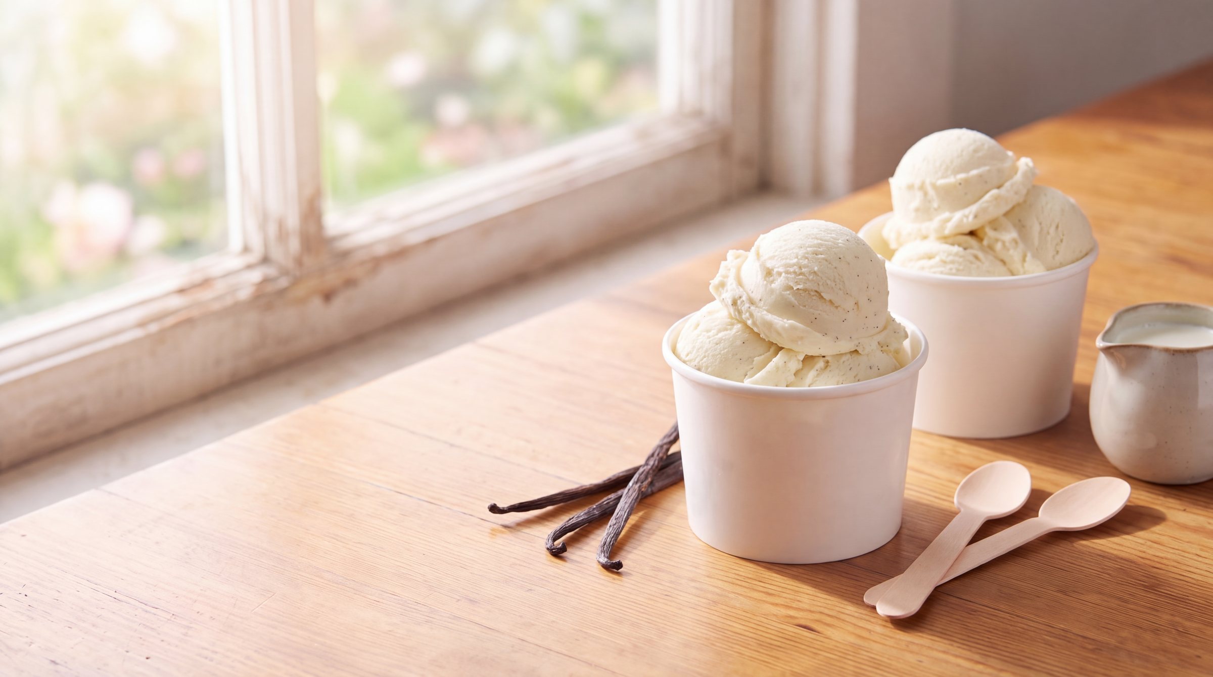 Two white paper cups heaped with ivory vanilla bean frozen custard on a sunny wooden table, with split vanilla pods and a jug of cream