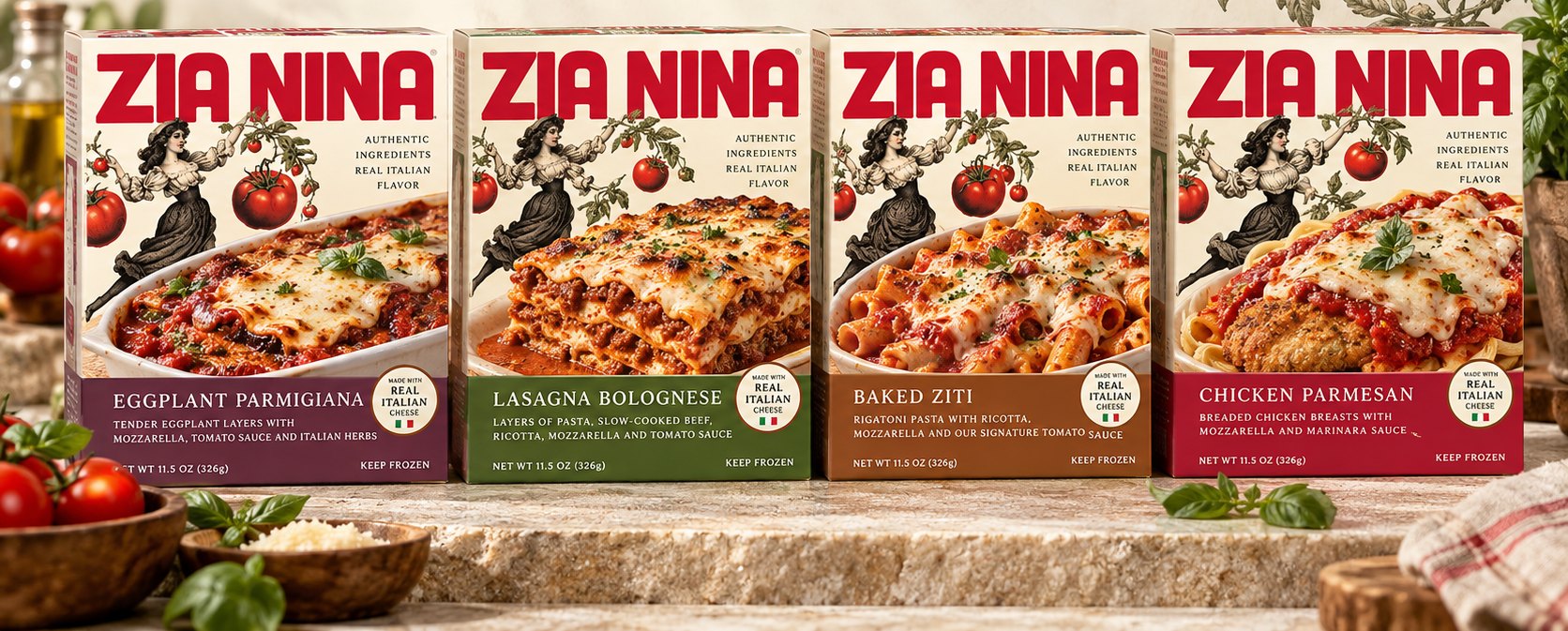 Four Zia Nina frozen meal boxes: Eggplant Parmigiana, Lasagna Bolognese, Baked Ziti and Chicken Parmesan