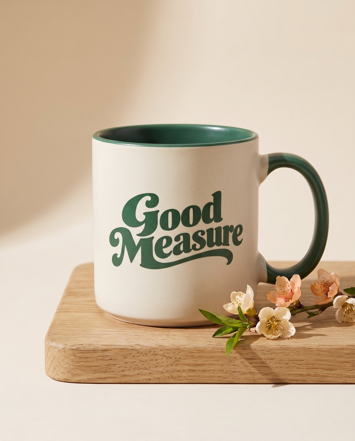 Morning Mug: Matte cream stoneware with a pine rim, made for slow mornings.
