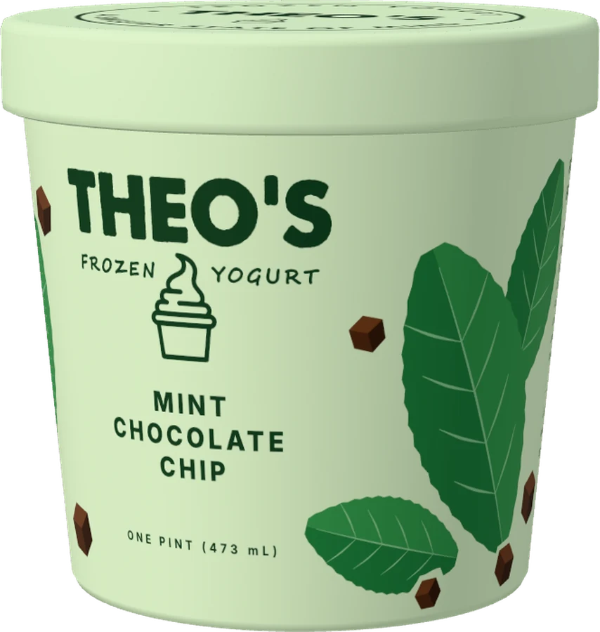 A pint of Theo’s Mint Chocolate Chip frozen yogurt