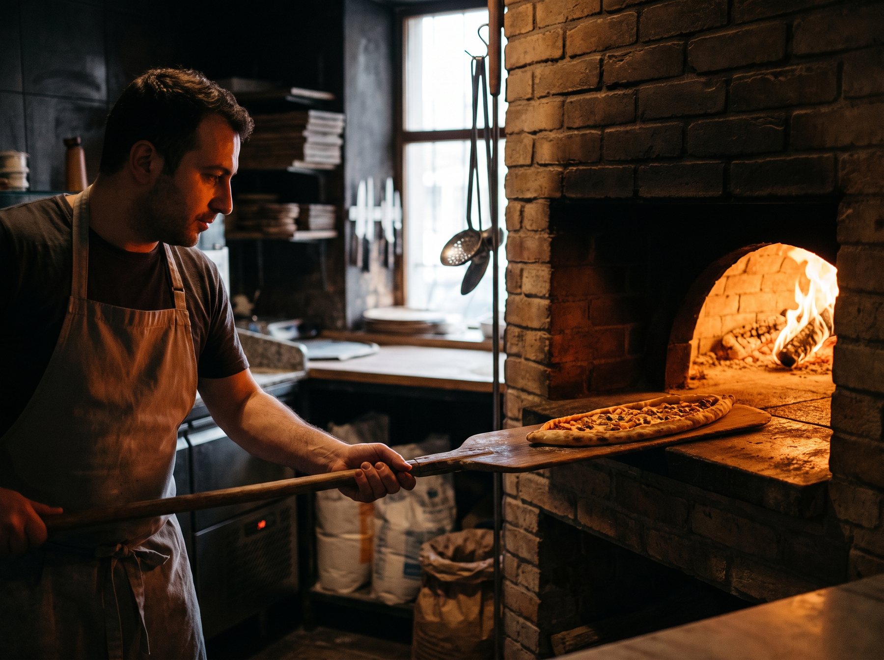 Pide going into the stone oven