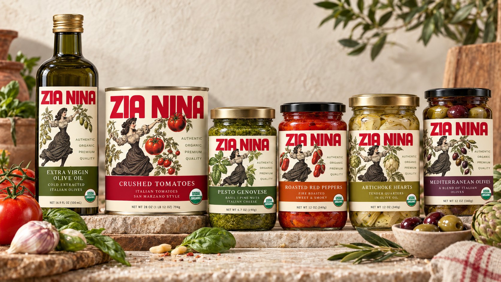 Zia Nina olive oil, crushed tomatoes, pesto, roasted red peppers, artichoke hearts and olives on a stone shelf