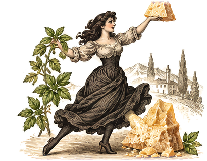 Nina holding up a wedge of parmesan