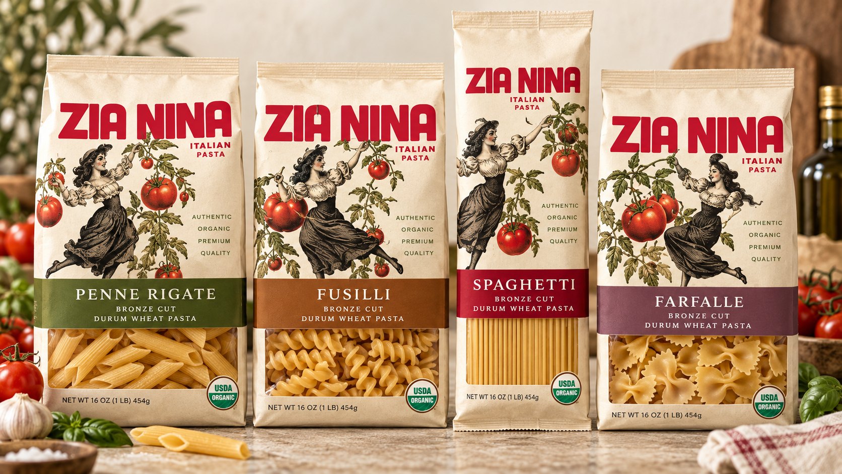 Four bags of Zia Nina pasta with windows: penne rigate, fusilli, spaghetti and farfalle