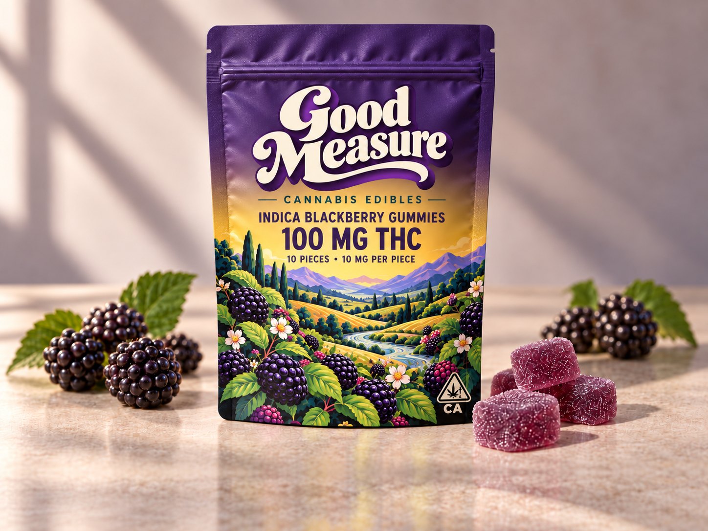 The blackberry pouch on a stone counter with fresh blackberries and four sugared purple gummies