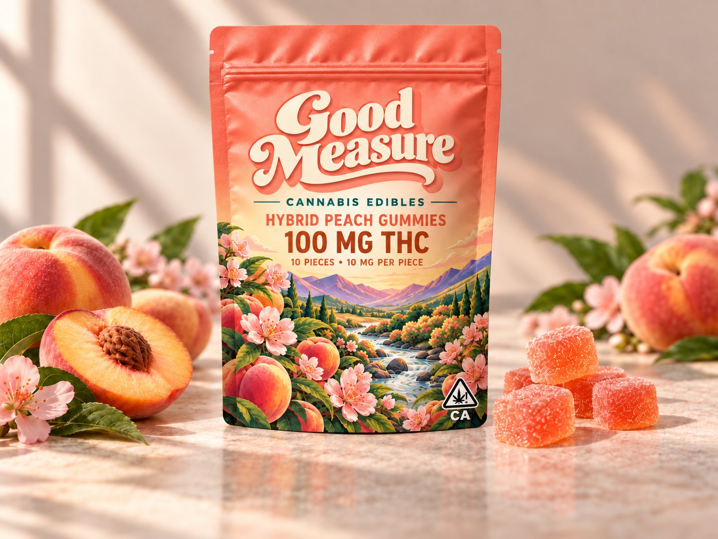 The peach pouch on a stone counter with halved peaches, peach blossom and four sugared peach gummies
