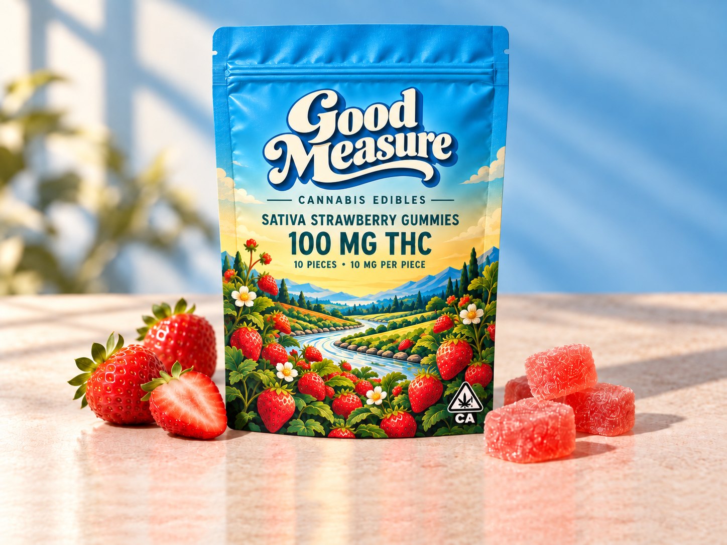 The strawberry pouch on a stone counter with whole and halved strawberries and four sugared pink gummies