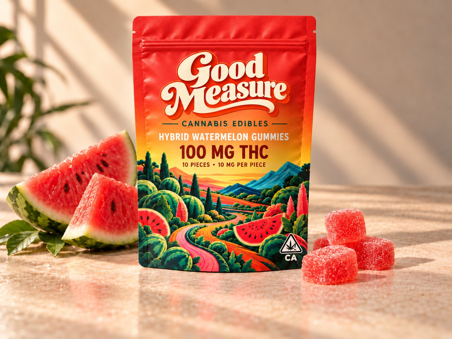 The watermelon pouch on a stone counter with wedges of watermelon and four sugared red gummies