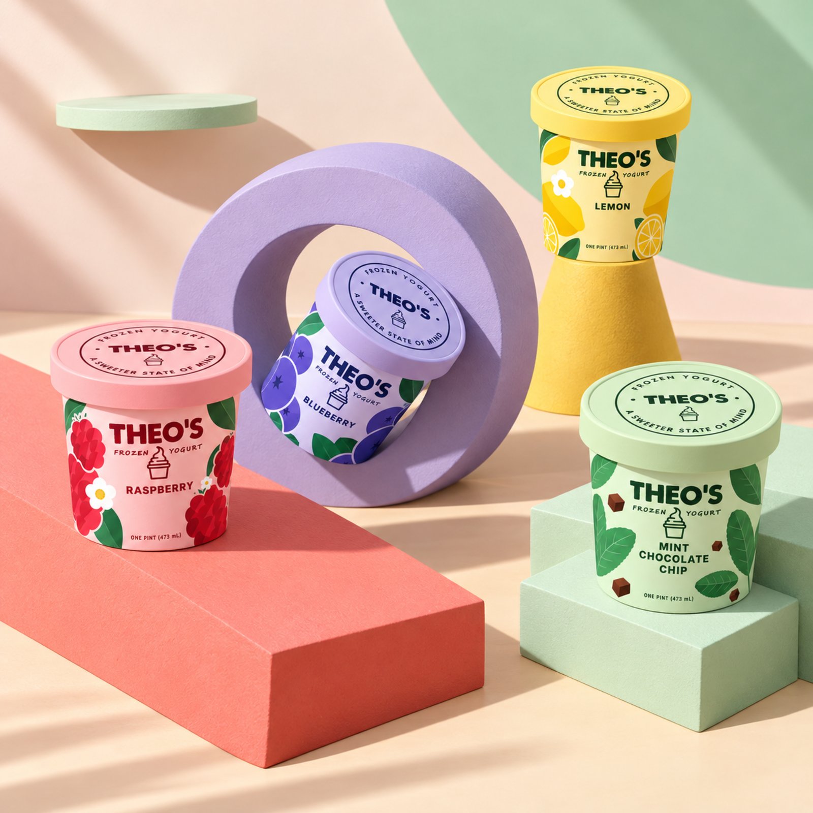 Four Theo’s pints on pastel blocks and a lilac ring: Raspberry, Blueberry, Lemon and Mint Chocolate Chip