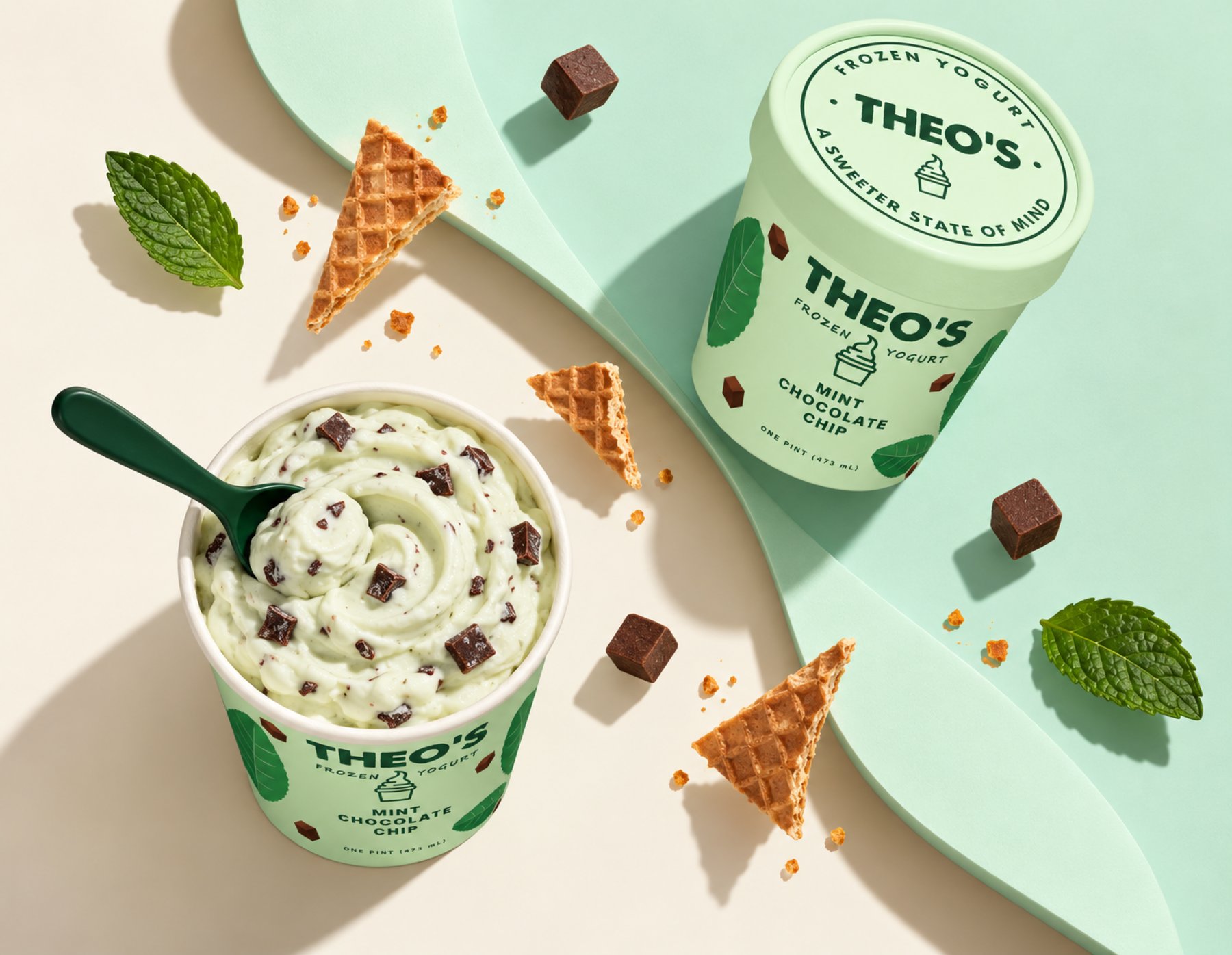 From above: a cup of Theo’s Mint Chocolate Chip with a green spoon, its pint, mint leaves, chocolate chunks and waffle pieces on cream and mint