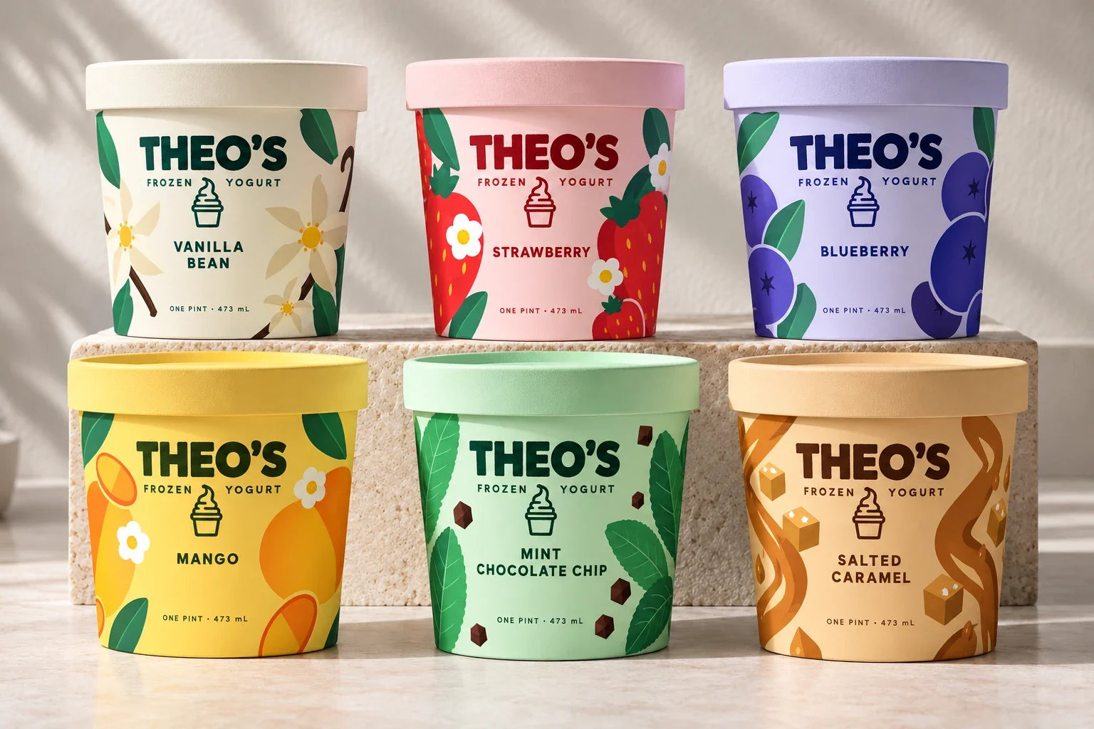 Six Theo’s pints on a stone plinth in the sun: Vanilla Bean, Strawberry and Blueberry above, Mango, Mint Chocolate Chip and Salted Caramel below