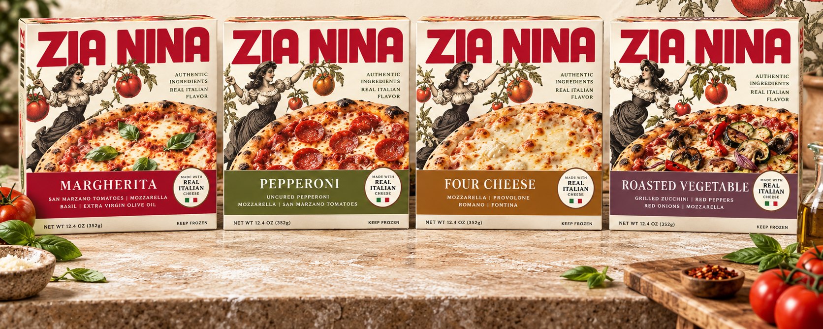 Four Zia Nina frozen pizza boxes: Margherita, Pepperoni, Four Cheese and Roasted Vegetable