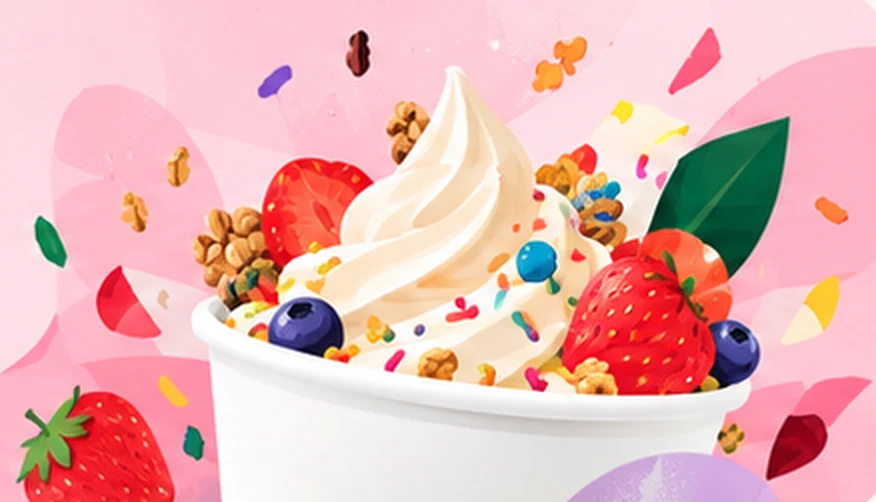 A cup of soft-serve piled with strawberries, blueberries, granola and sprinkles