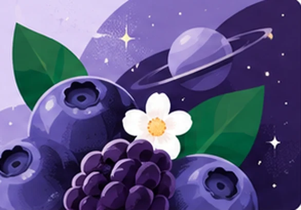 Blueberries and blackberries under a starry purple sky
