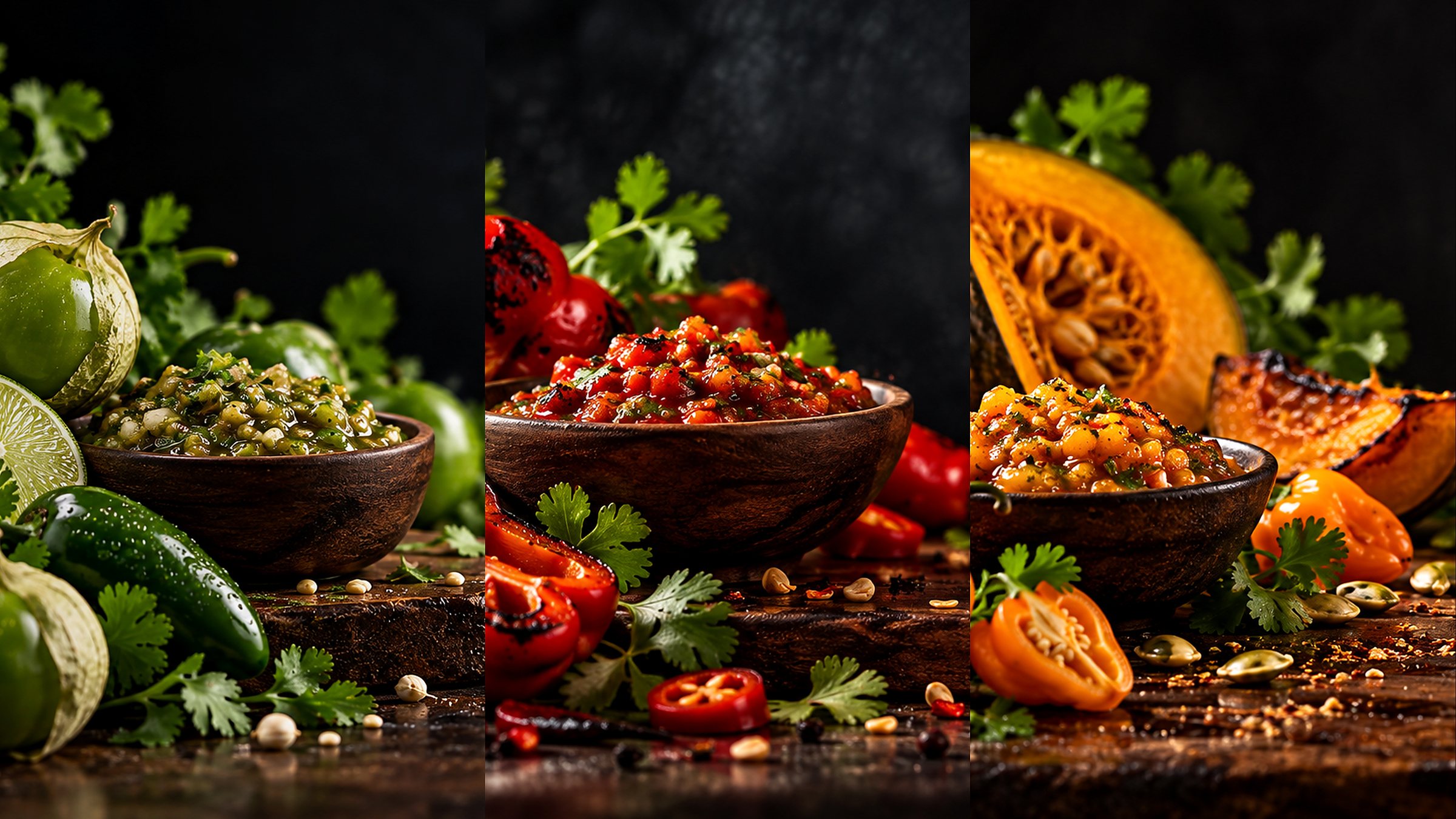 Three bowls of ROKA salsa side by side: green tomatillo with limes and tomatillos, red pepper with charred peppers, pumpkin habanero with roasted pumpkin and habaneros