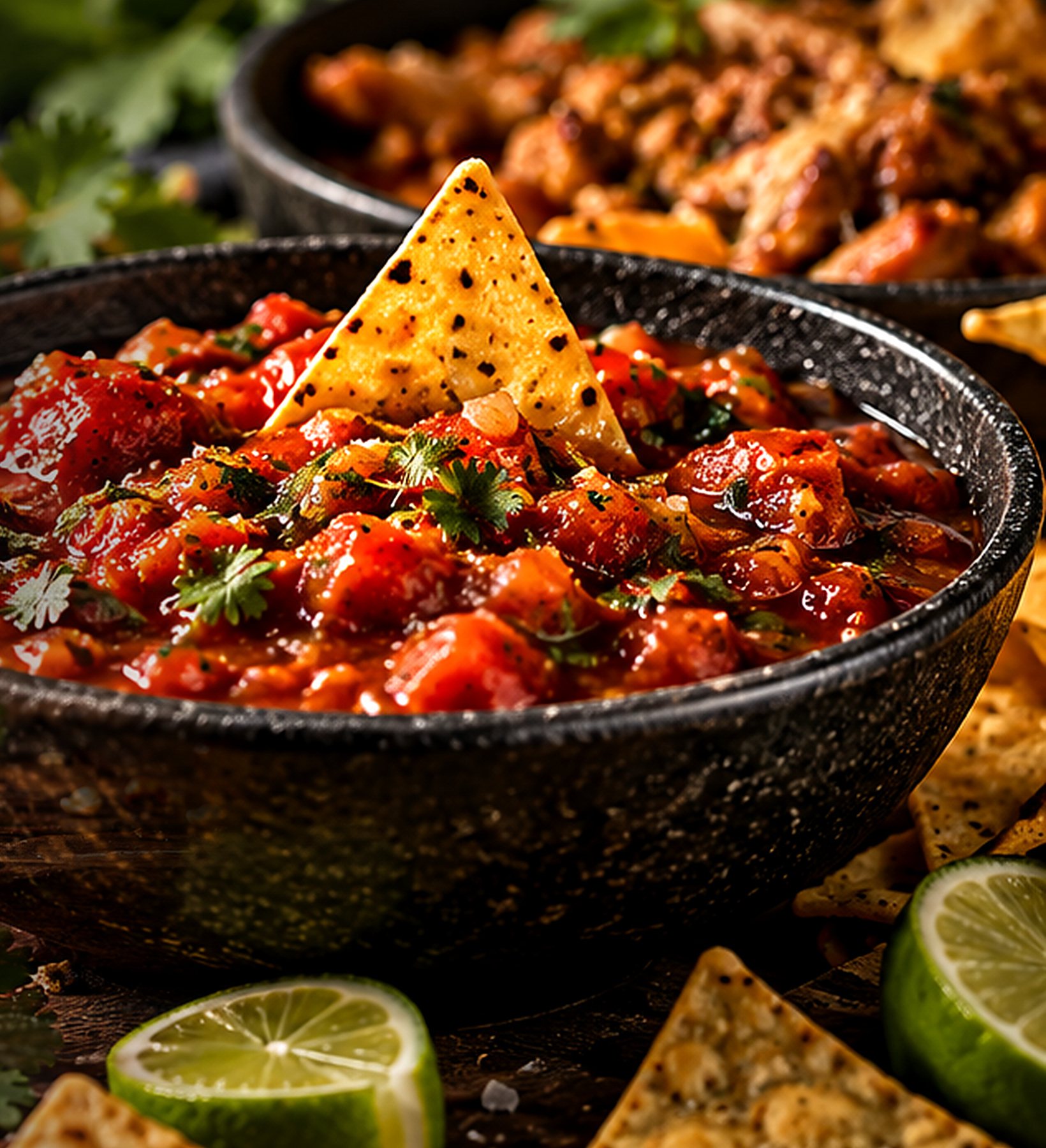 A stone bowl of chunky red salsa with a tortilla chip in it, limes and chips around it