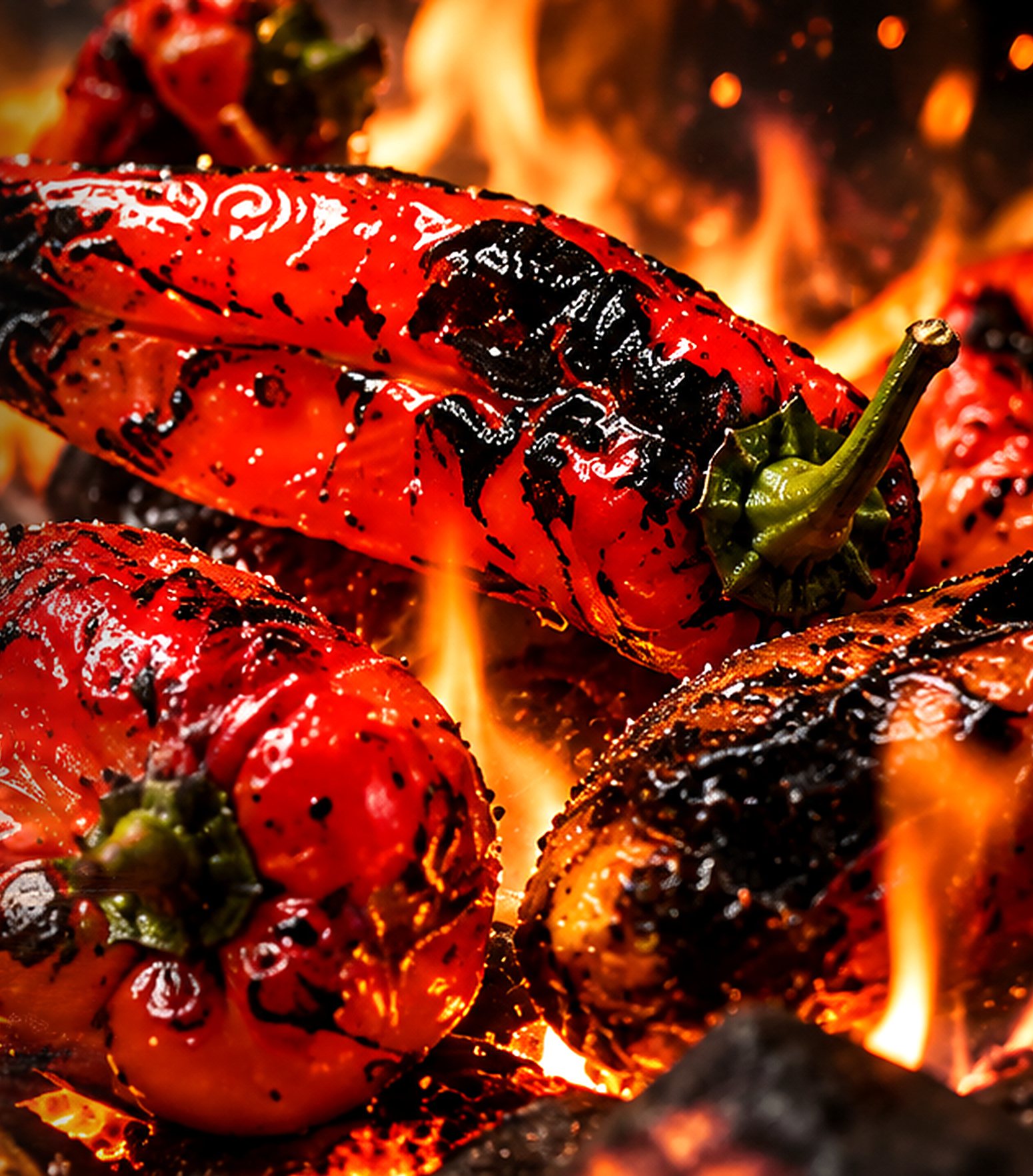 Red peppers charring over an open flame and glowing coals