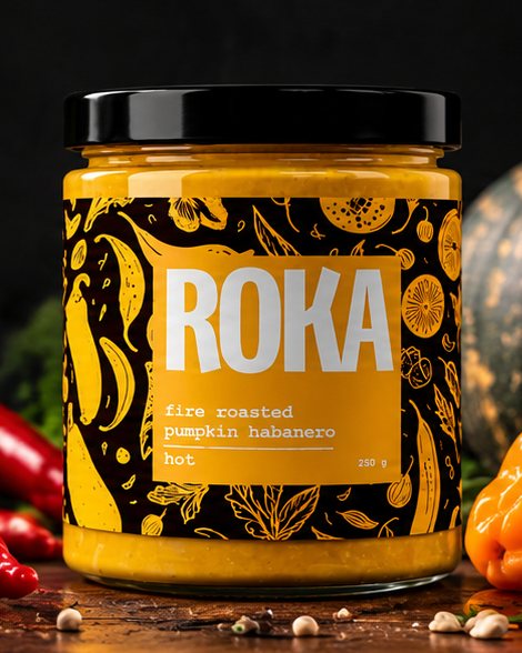 A jar of ROKA fire roasted pumpkin habanero, hot, 250 g