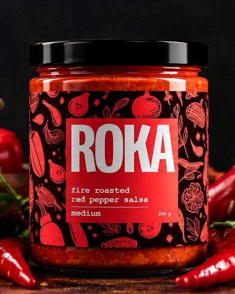 A jar of ROKA fire roasted red pepper salsa, medium, 250 g