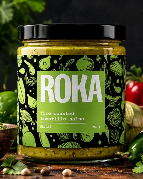 A jar of ROKA fire roasted tomatillo salsa, mild, 250 g