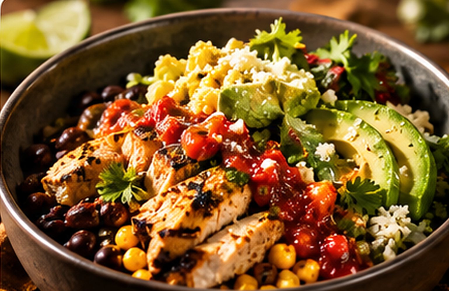 A bowl of grilled chicken, black beans, corn, avocado and crumbled cheese, topped with salsa and cilantro
