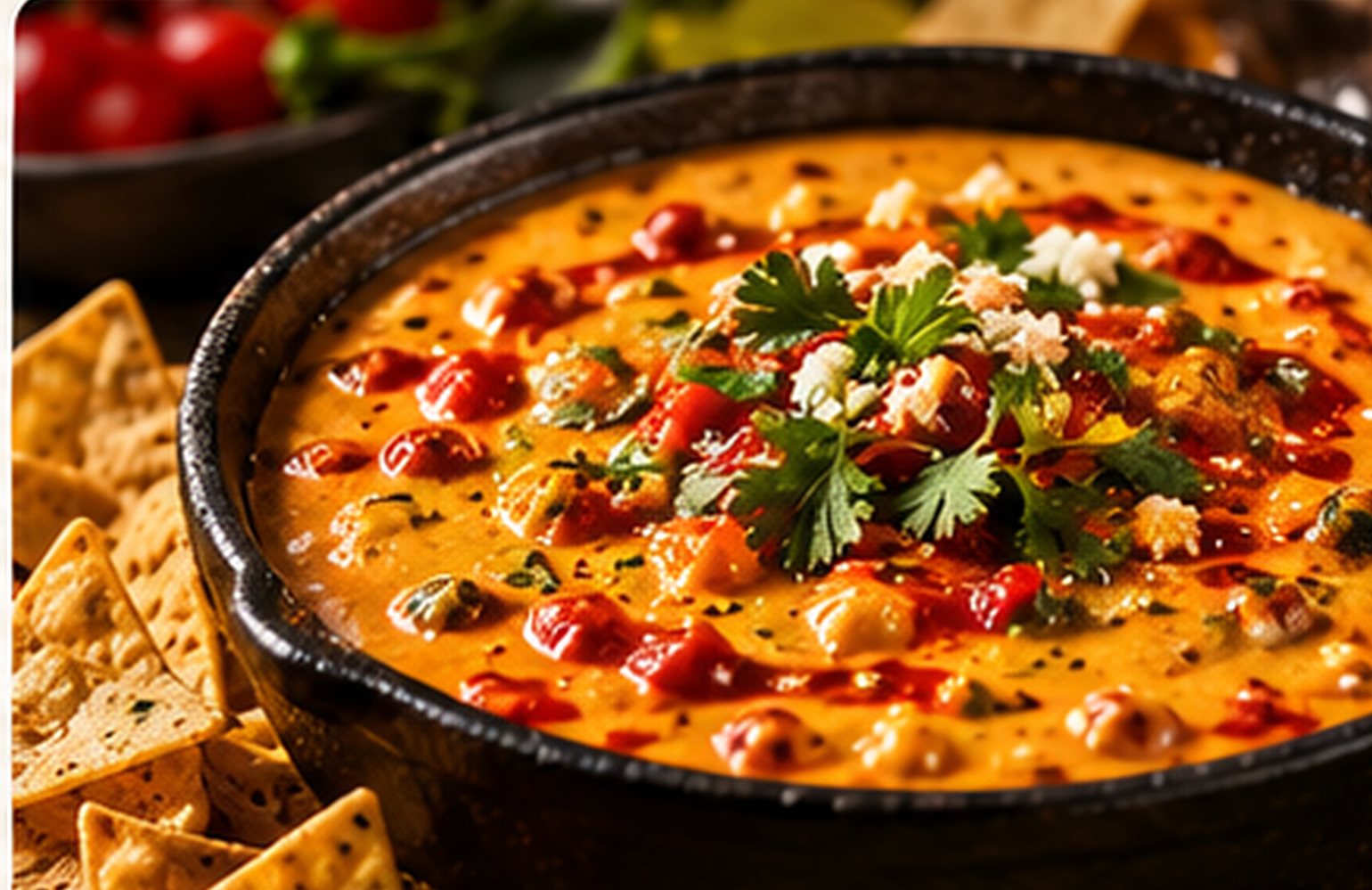 A skillet of orange queso dip topped with salsa, crumbled cheese and cilantro, with tortilla chips