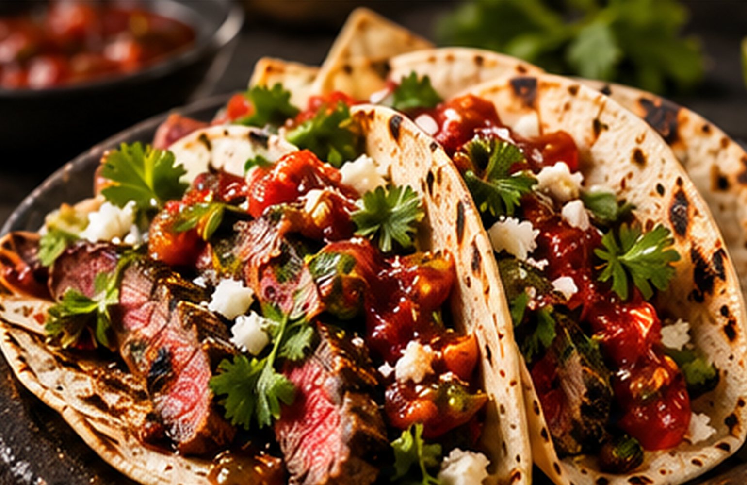 Steak tacos in charred flour tortillas with red pepper salsa, crumbled cheese and cilantro