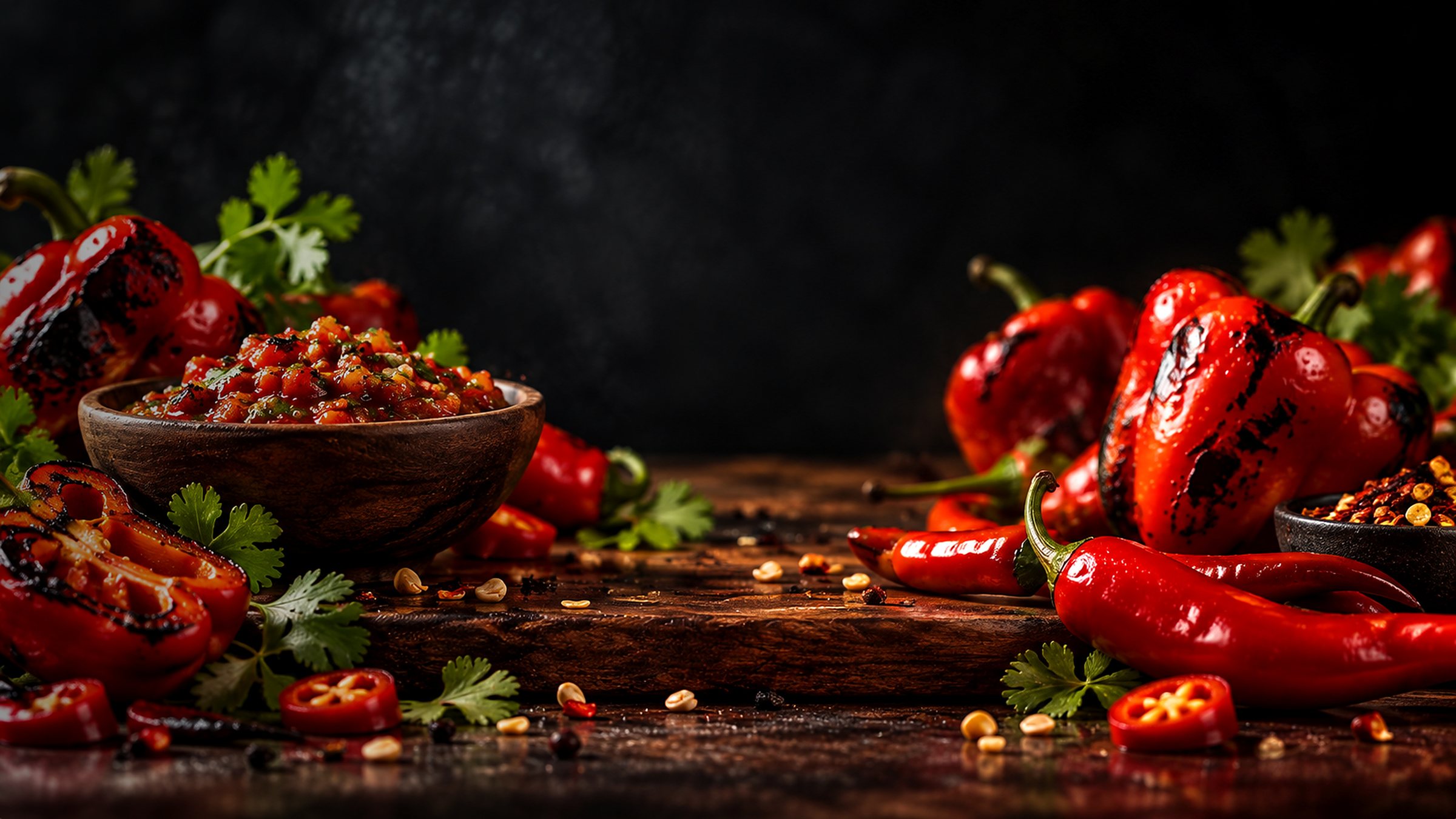 Charred red peppers, chilies, cilantro and a bowl of red salsa on a dark wooden board