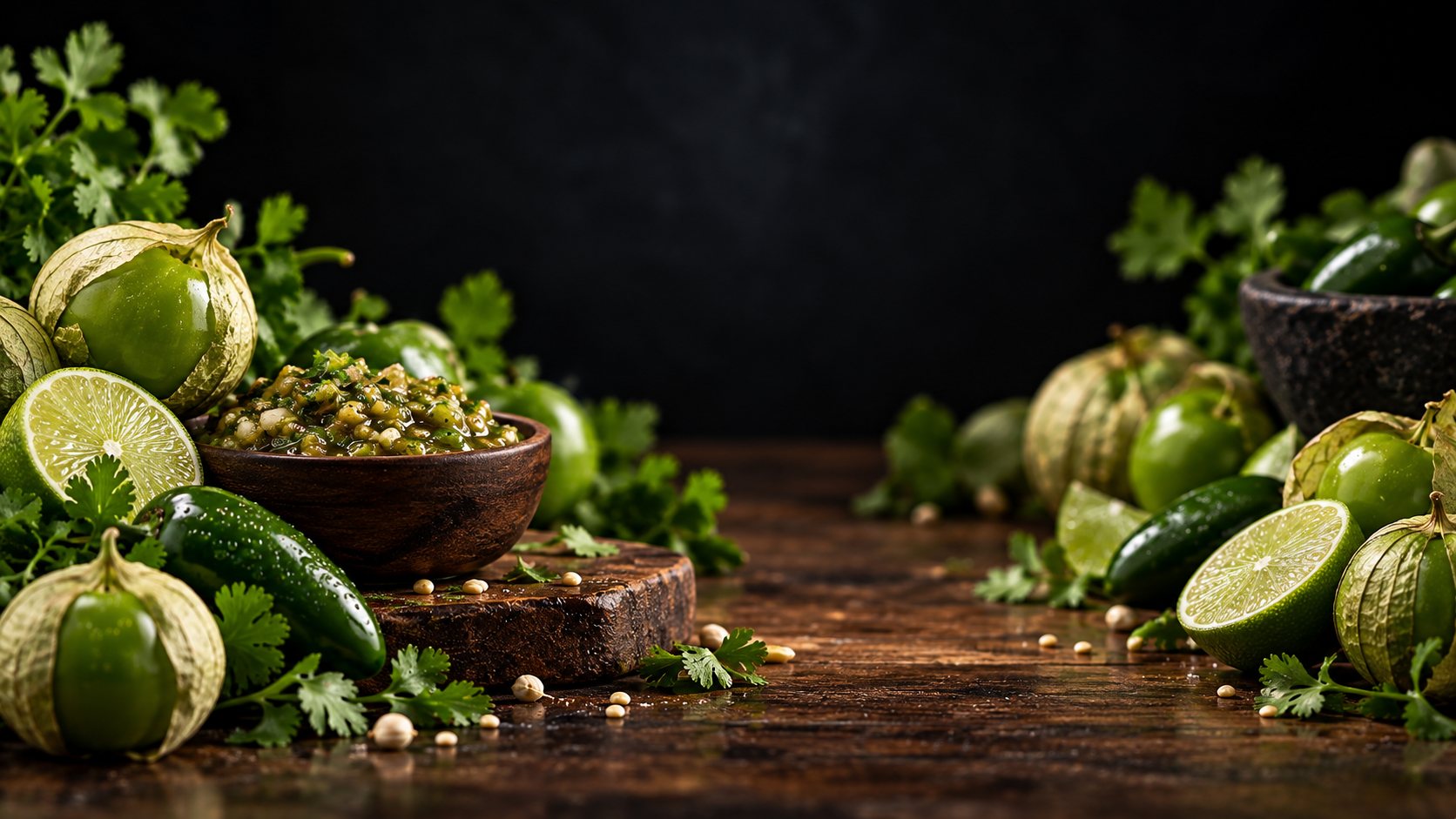 Tomatillos, limes, green chiles and cilantro on a dark wooden table