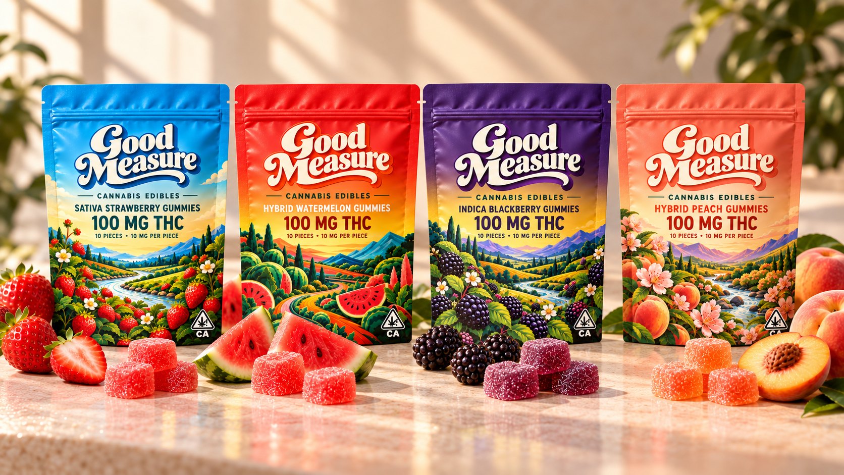 The four pouches in a row on a sunlit counter, strawberry, watermelon, blackberry and peach, each with its fruit and gummies