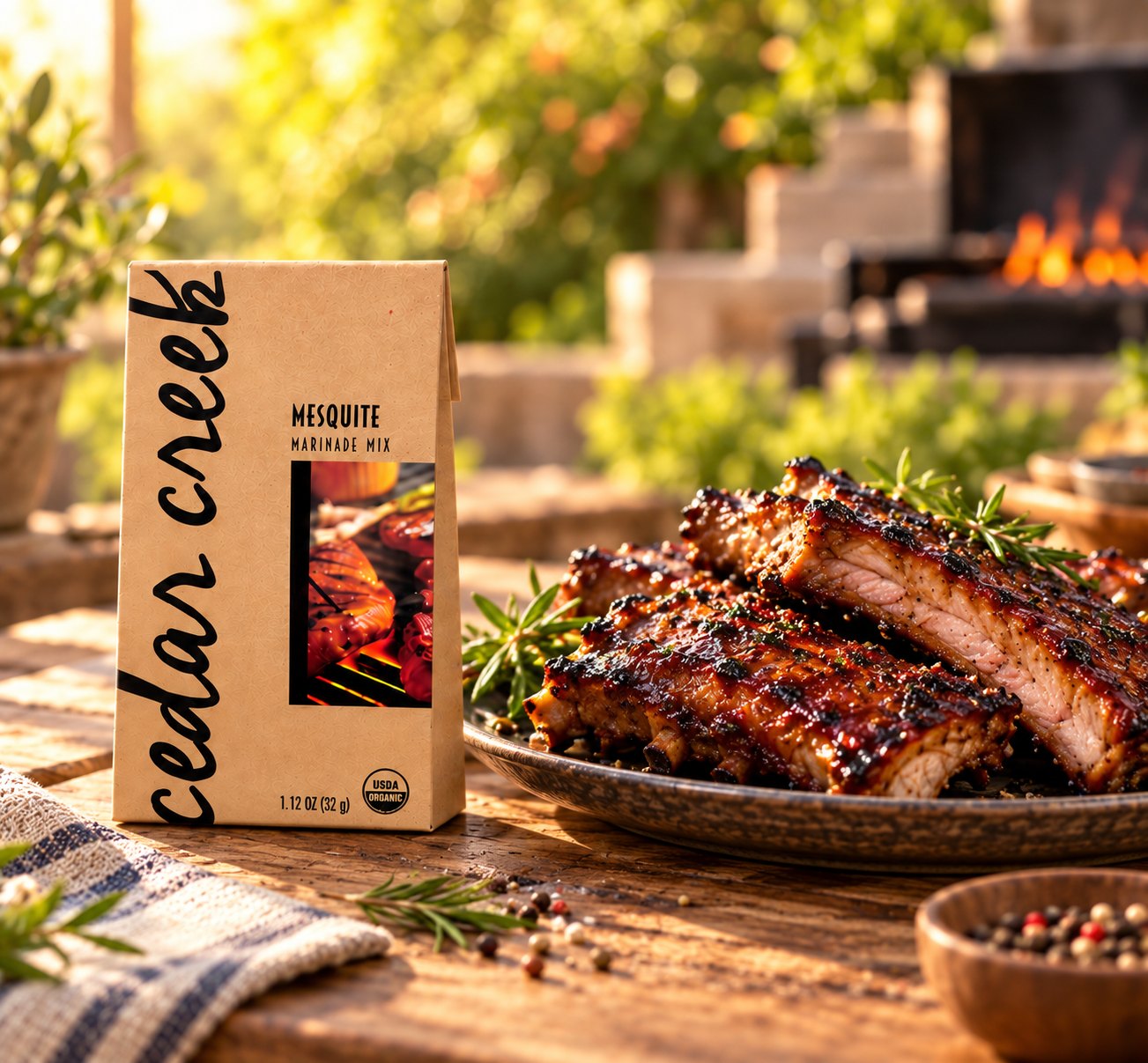 A Mesquite pack of Cedar Creek on a marble counter between marbled steaks on a board, olive oil, mushrooms and a red pepper mill
