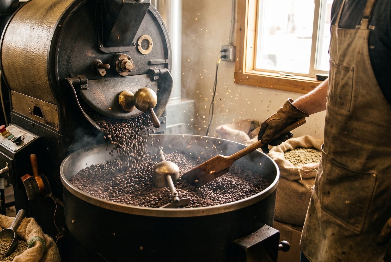 The drum roaster at work