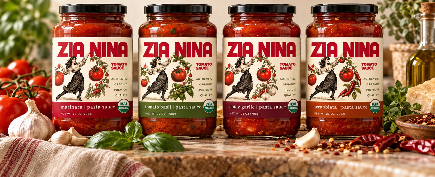 The four Zia Nina pasta sauces in glass jars on a stone counter with tomatoes, garlic and basil