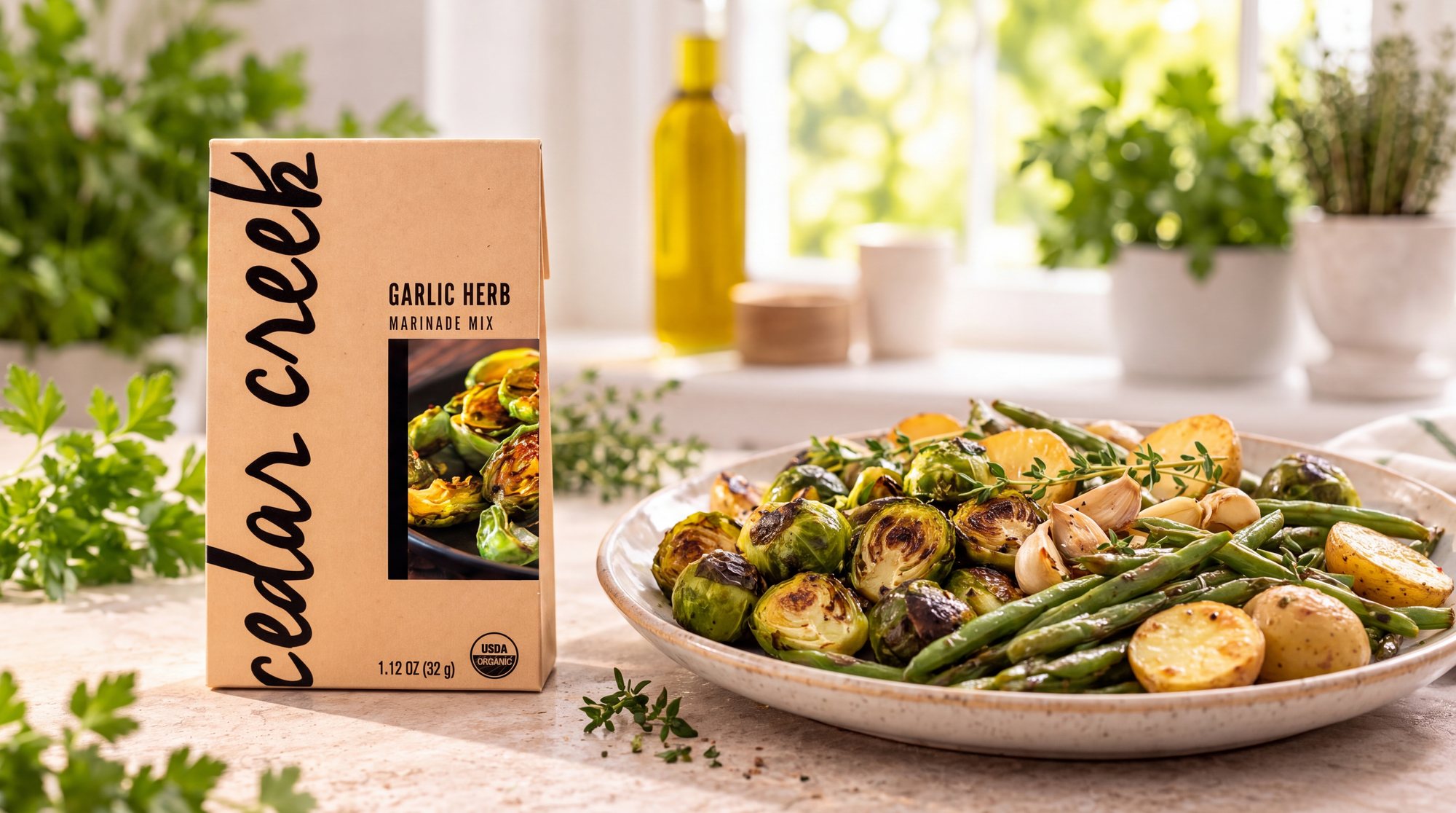 A Garlic Herb pack of Cedar Creek marinade mix on a kitchen counter beside a plate of roasted Brussels sprouts, green beans and potatoes