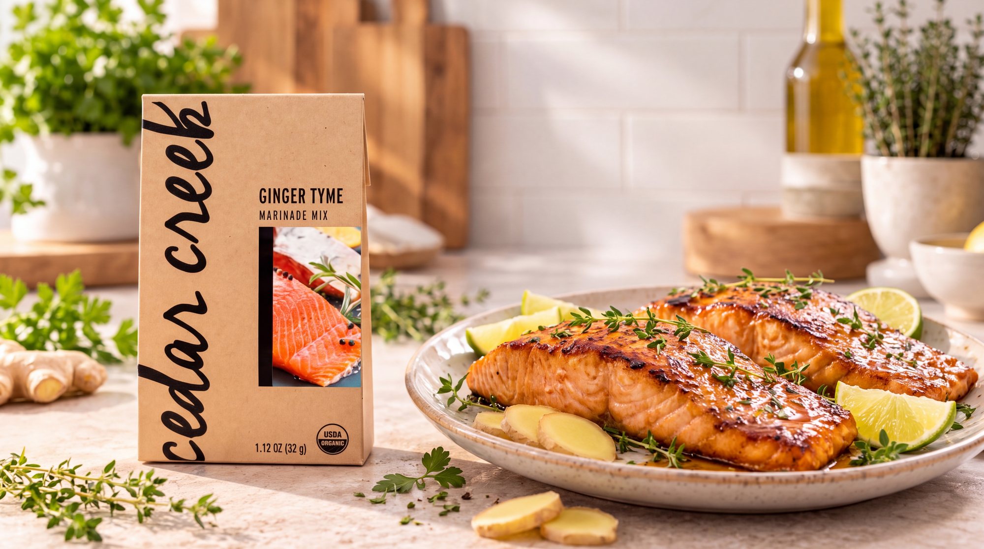 A Ginger Tyme pack of Cedar Creek marinade mix on a kitchen counter beside a plate of glazed salmon with lime and sliced ginger