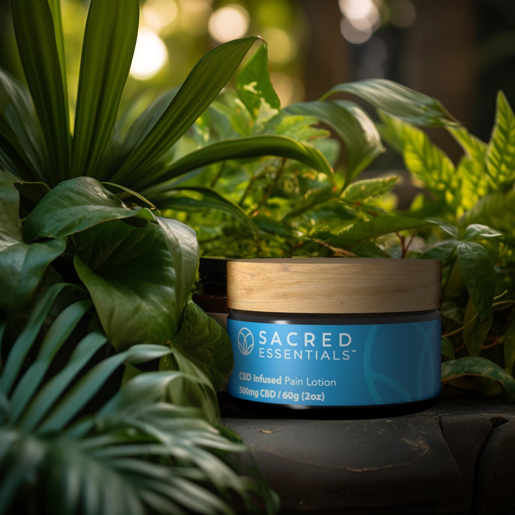 A Sacred Essentials jar among plants